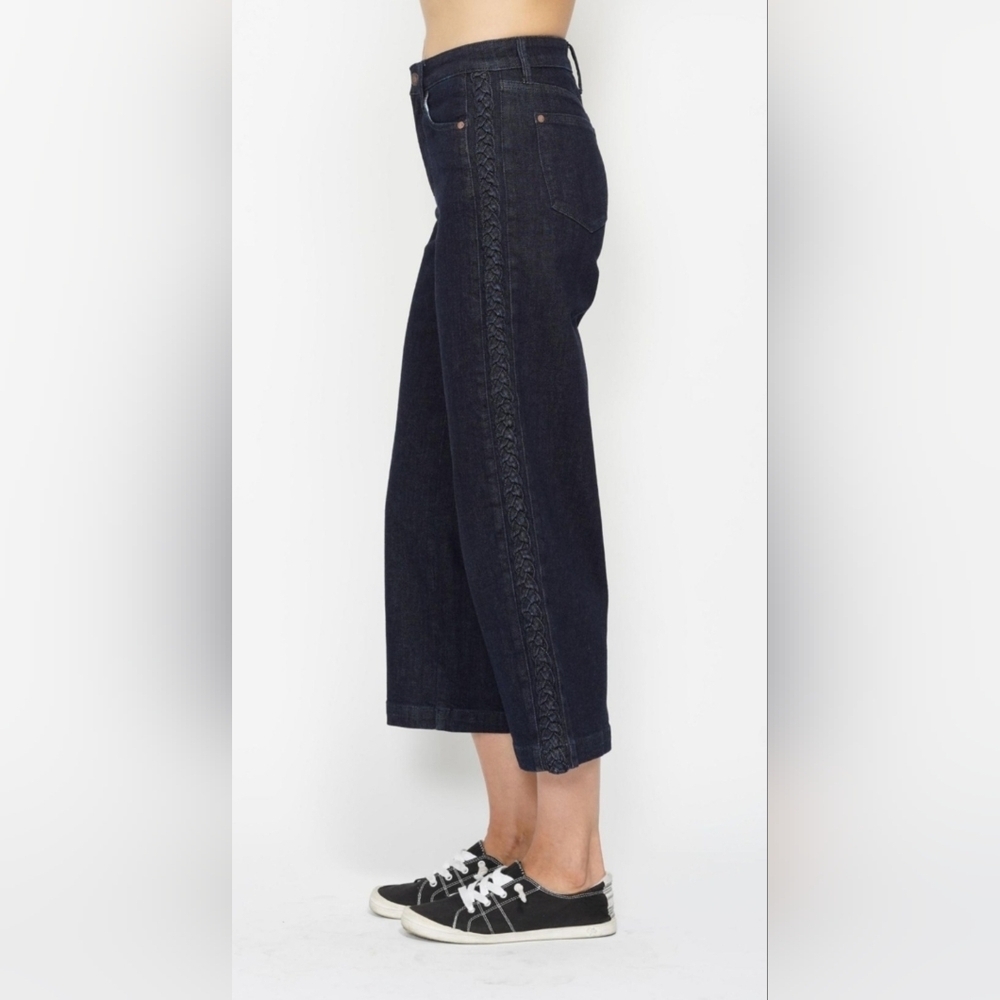 Judy Blue HR Dark Wash Wide Leg Cropped Jeans Braided Side Seams Various NEW - Picture 7 of 16